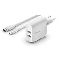 Belkin Duální USB-A nástěnná nabíječka 2x12W, USB-C kabel, bílá