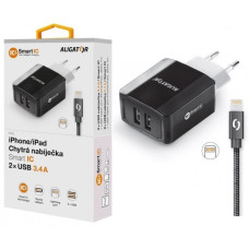 ALIGATOR Chytrá síťová nabíječka 3.4A, 2xUSB, smart IC, černá, USB kabel pro iPhone/iPad 2A