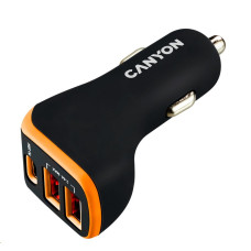 CANYON auto nabíječka C-08, 1xUSB-C (PD 18W) + 2xUSB-A, vstup 12V-24V,výstup 5V-2.4A, Smart IC,CE,RoHS - černo oranžová