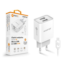 Chytrá síťová nabíječka ALIGATOR 2,4A, 2xUSB, smart IC, bílá, micro USB kabel