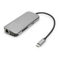 Digitus 8portová dokovací stanice USB-C, 2xUSB3.0, 1xRJ45, 2xHDMI, 1xPD, 1xMicro SD, 1xSD, šedá