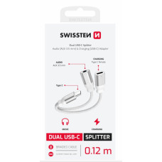 SWISSTEN NABÍJECÍ AUDIO ADAPTÉR TEXTILE USB-C (samec) / USB-C (samice) a 3,5mm AUX 0,12 M BÍLÝ