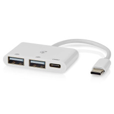 NEDIS USB hub/ 1x zástrčka USB-C/ 1x zásuvka USB-C/ 2x zásuvka USB-A/ 3 porty/napájení z USB/ bílý