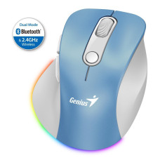 GENIUS Ergo 9000S Pro Light Blue/ duální Bluetooth + 2,4GHz/ 2400 dpi/ bezdrátová/ 6tlačítková/ dobíjecí/ RGB/ modrobílá