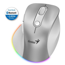 GENIUS Ergo 9000S Pro Silver/ duální Bluetooth + 2,4GHz/ 2400 dpi/ bezdrátová/ 6tlačítková/ dobíjecí/ RGB/ stříbrná