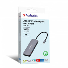 VERBATIM Hub USB-C Pro Multiport 9 Port, 3x USB 3.2, 2x USB-C, HDMI, RJ45, microSD/SD, šedá