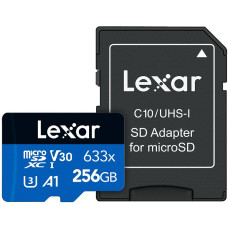 Lexar paměťová karta 256GB High-Performance 633x microSDXC™ UHS-I (čtení/zápis: 100/45MB/s) C10 A1 V30 U3 + adaptér