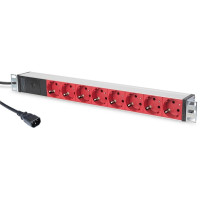 DIGITUS 1U Hliníkové PDU, do stojanu, 8x červený CEE 7/7 10A zástrčka, 250VAC 50/60 Hz, Přípoj C14