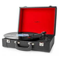 NEDIS gramofon/ 1x stereo RCA/ Bluetooth/ 18 W/ vestavěný (před) zesilovač/ kožený vzhled / MDF/ černo-červený