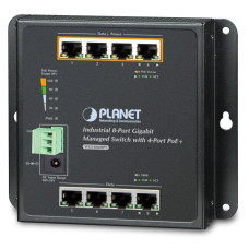 Planet průmyslový plochý switch L2, 8x1Gb, 4xPoE 30/144W, dual 48-56VDC, IP30, -40~75°C, fanless