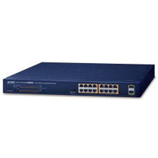 Planet GSW-1820HP PoE switch, 16x1Gb + 2x SFP 1Gb, PoE 802.3at 30/240W, VLAN, extend mód 10Mb-250m, 802.3az