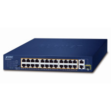 Planet FGSD-2621P PoE switch, 24x100M + 1xGb + 1xSFP, PoE 802.3at 185W, extend mód 10Mb-250m