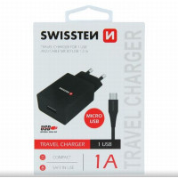 SWISSTEN SÍŤOVÝ ADAPTÉR SMART IC 1x USB 1A POWER + DATOVÝ KABEL USB / MICRO USB 1,2 M ČERNÝ