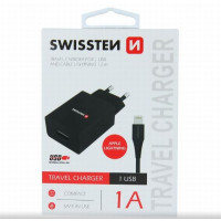 SWISSTEN SÍŤOVÝ ADAPTÉR SMART IC 1x USB 1A POWER + DATOVÝ KABEL USB / LIGHTNING 1,2 M ČERNÝ