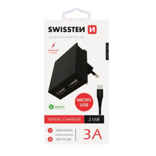 SWISSTEN SÍŤOVÝ ADAPTÉR SMART IC, CE 2x USB 3 A POWER ČERNÝ+ DATOVÝ KABEL SWISSTEN USB / MICRO USB 1,2 M ČERNÝ