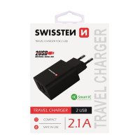 SWISSTEN SÍŤOVÝ ADAPTÉR SMART IC, CE 2x USB 2,1 A POWER ČERNÝ